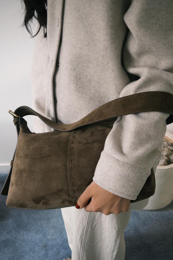 BROWN TOP STITCH BAG IN GENUINE SUEDE