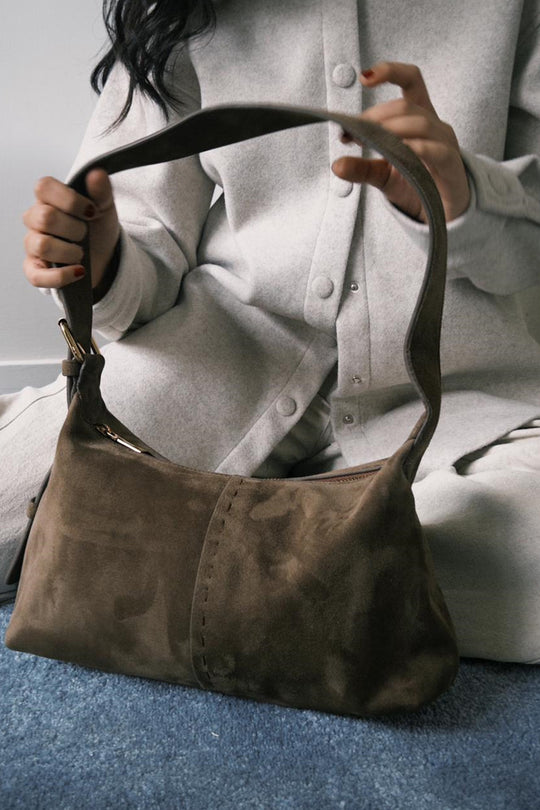 BROWN TOP STITCH BAG IN GENUINE SUEDE