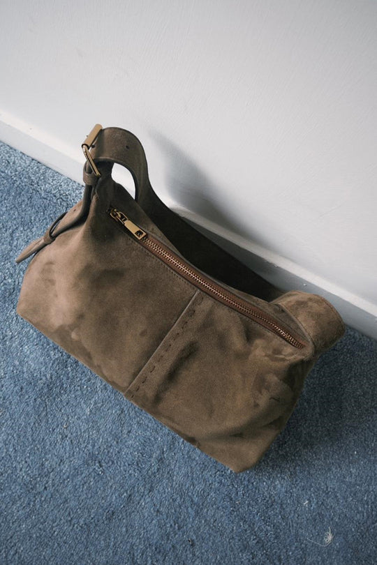 BROWN TOP STITCH BAG IN GENUINE SUEDE