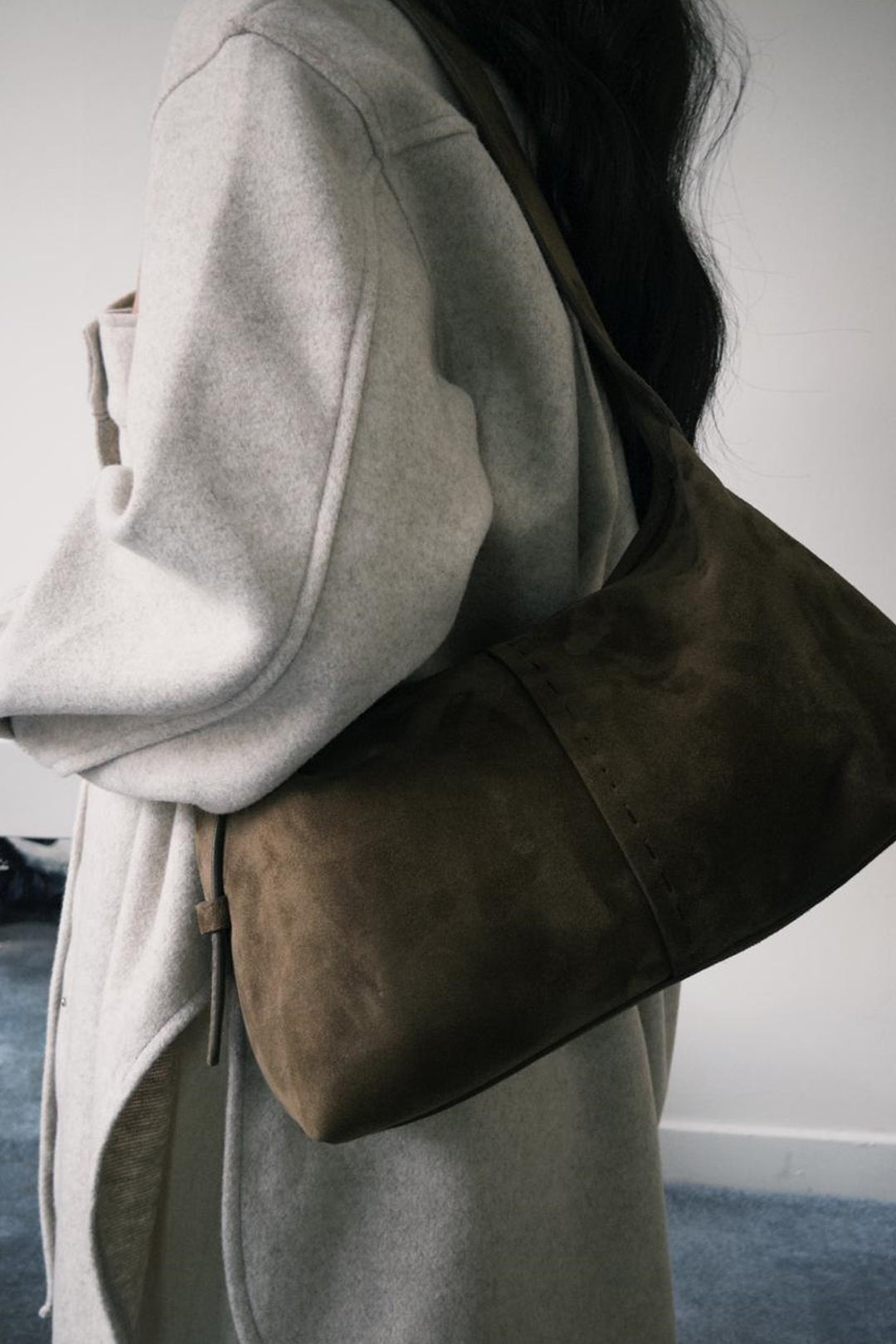 BROWN TOP STITCH BAG IN GENUINE SUEDE