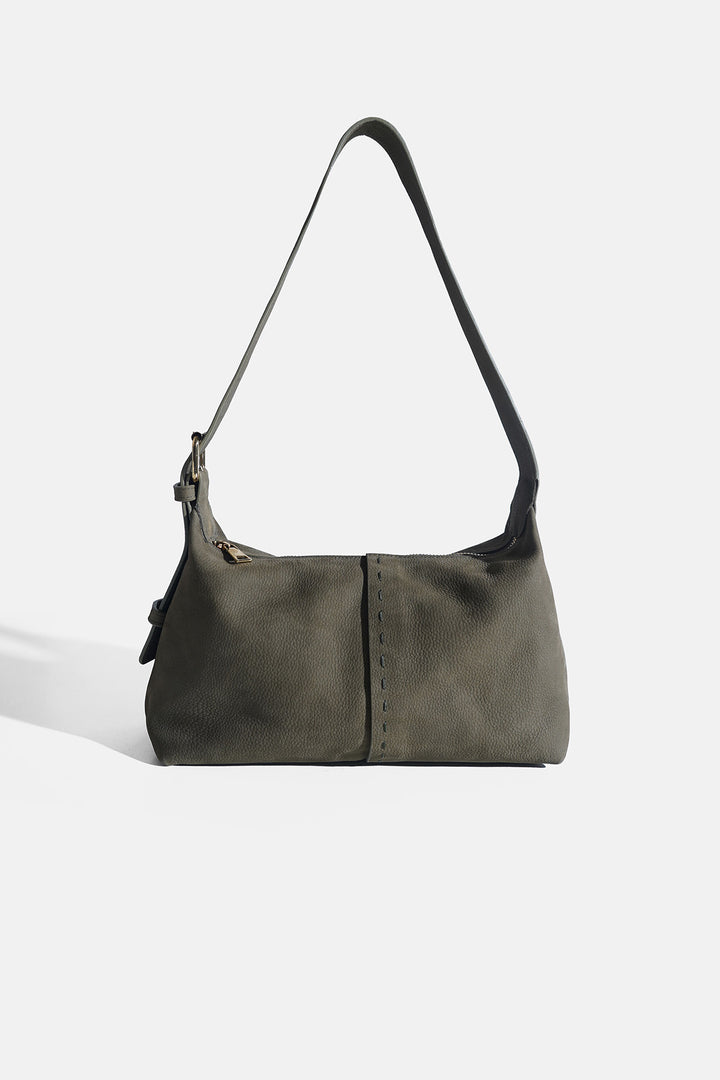 OLIVE TOP STITCH BAG IN GENUINE LEATHER