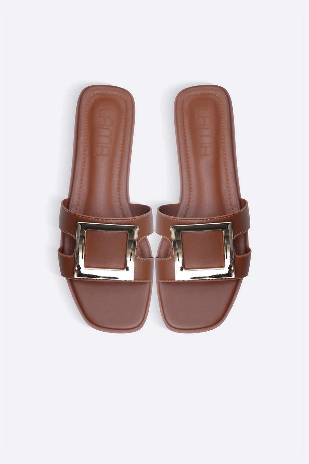 TAN SQUARE BUCKLED SLIDES