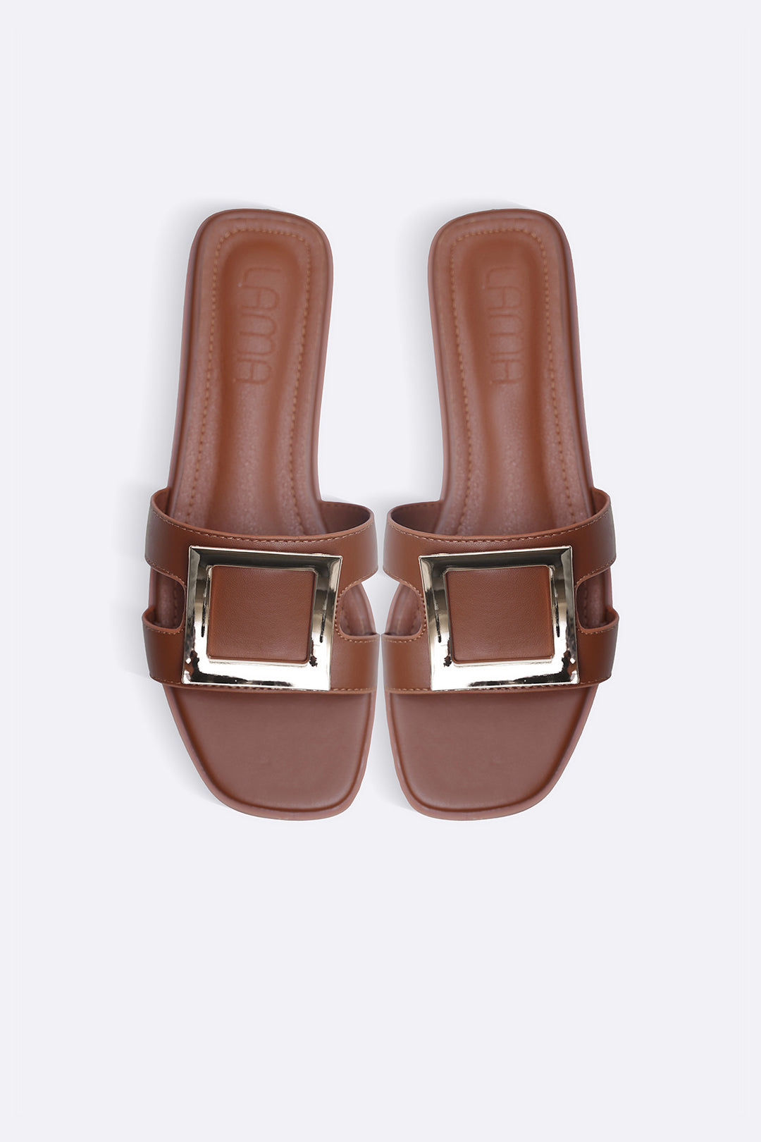 TAN SQUARE BUCKLED SLIDES