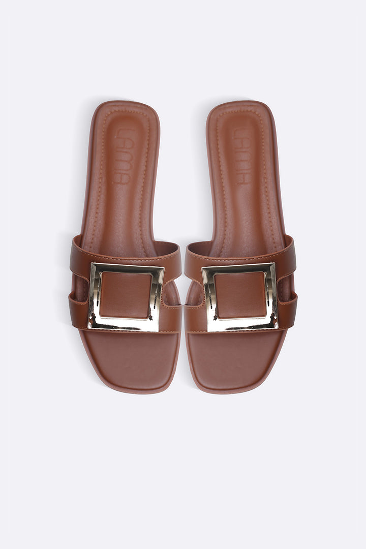 TAN SQUARE BUCKLED SLIDES