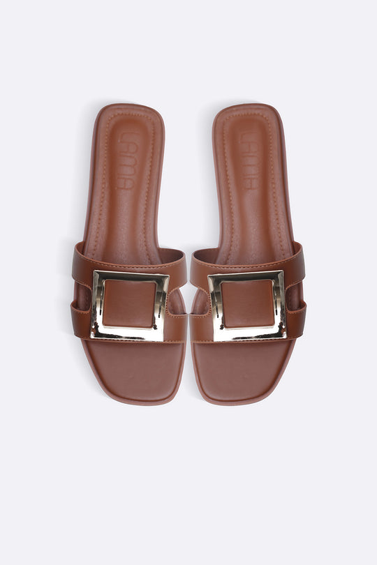 TAN SQUARE BUCKLED SLIDES