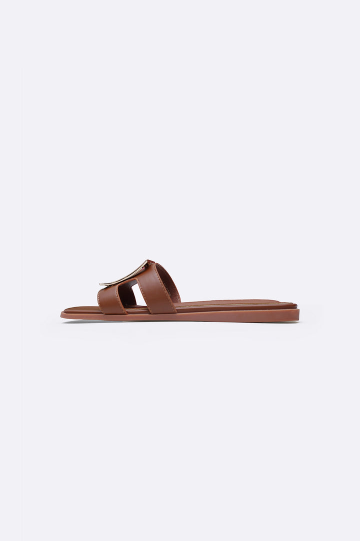 TAN SQUARE BUCKLED SLIDES