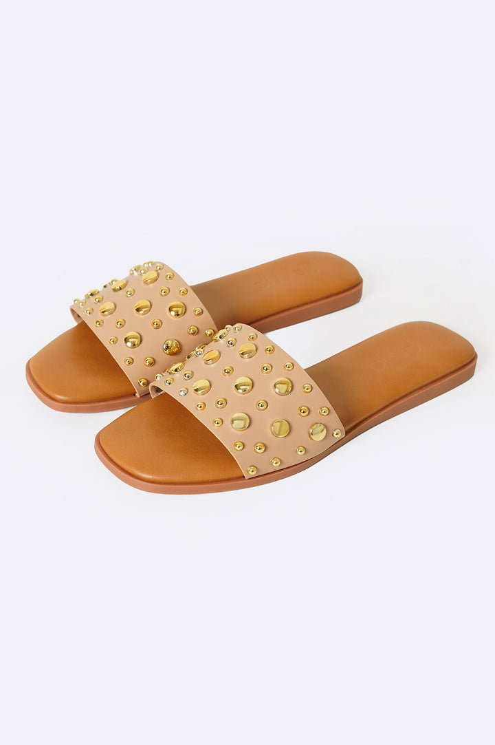 BEIGE STUDDED SLIDES
