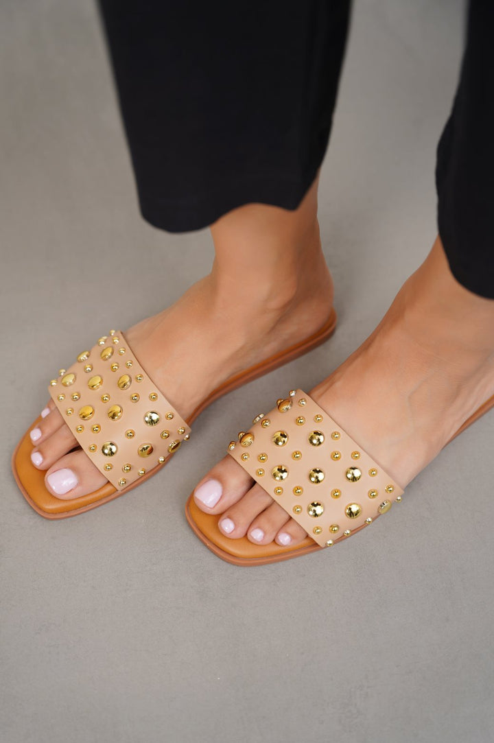 BEIGE STUDDED SLIDES