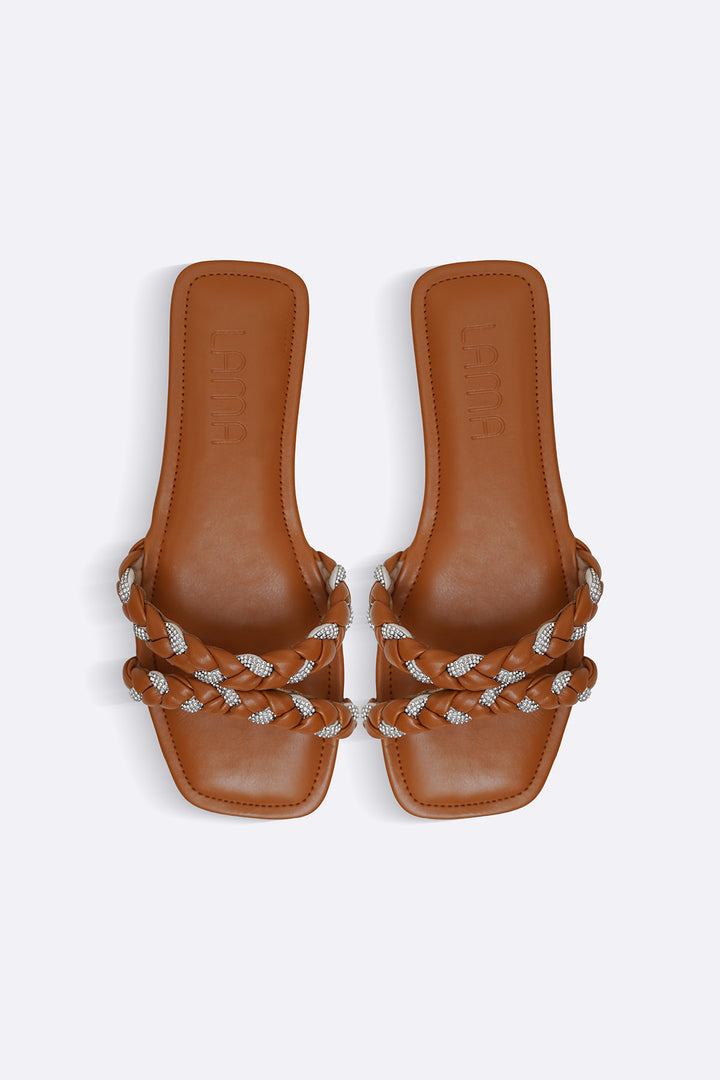 TAN CRYSTAL BRAIDED SLIDES