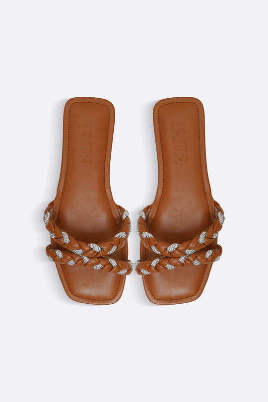 TAN CRYSTAL BRAIDED SLIDES