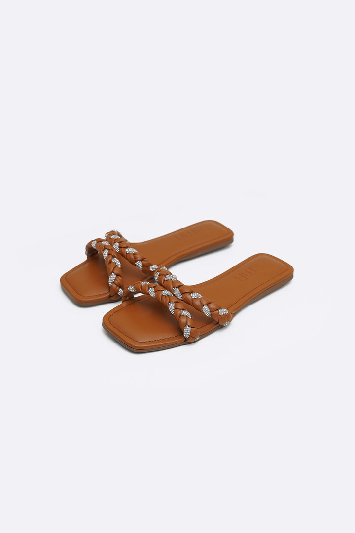 TAN CRYSTAL BRAIDED SLIDES