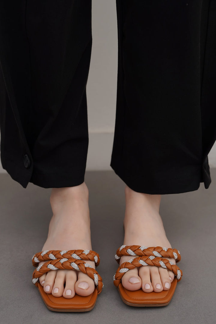 TAN CRYSTAL BRAIDED SLIDES