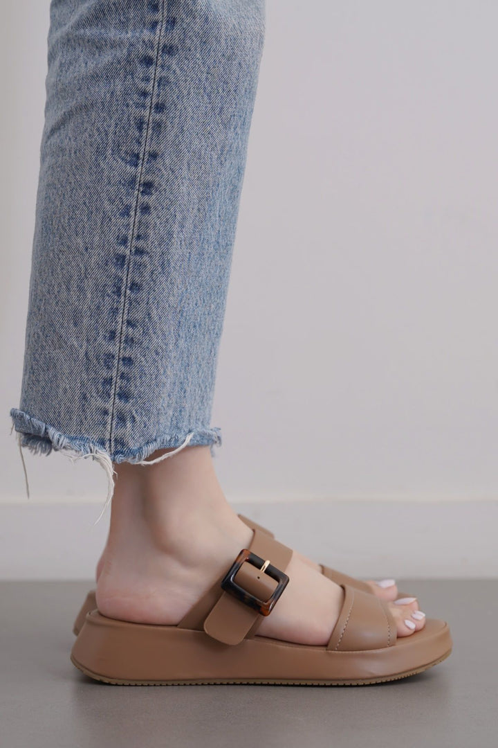 TAUPE BUCKLE MAMA SLIDES