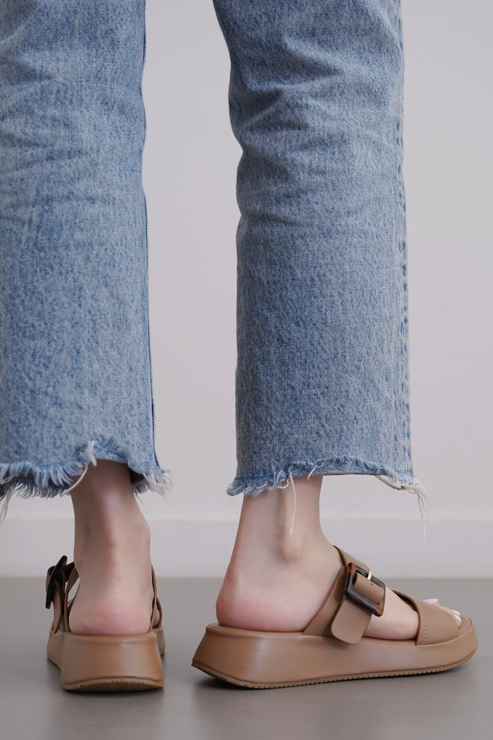 TAUPE BUCKLE MAMA SLIDES