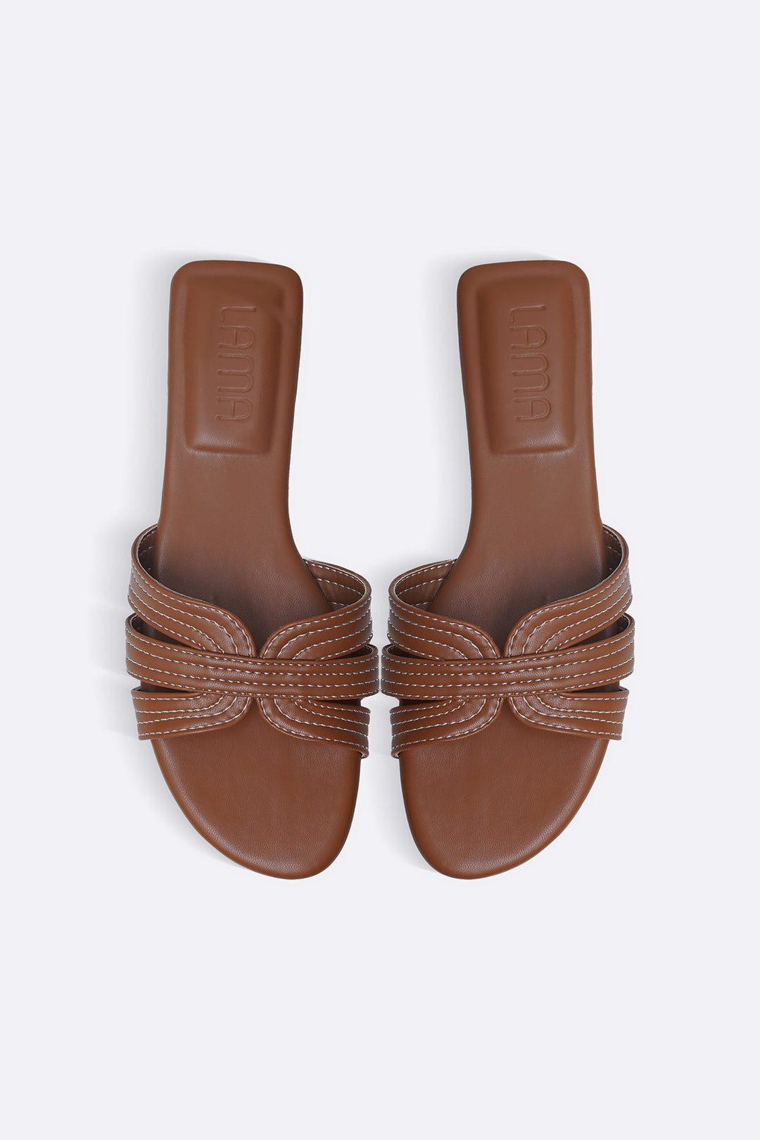 TAN STRAPPY STITCH SLIDES