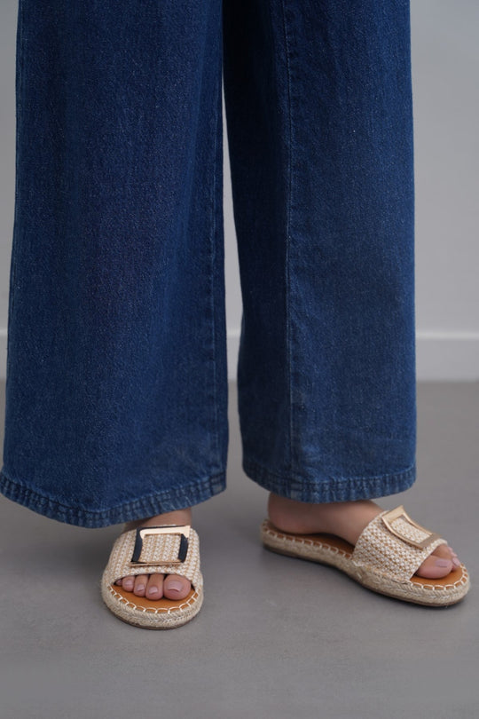 BEIGE ROMA BUCKLE SLIDES