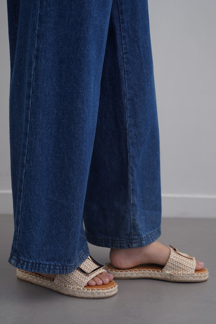 BEIGE ROMA BUCKLE SLIDES