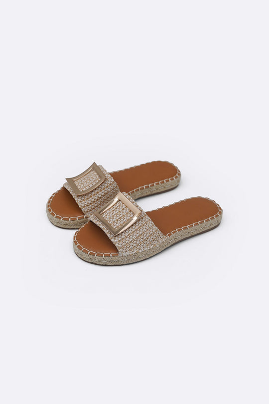 BEIGE ROMA BUCKLE SLIDES