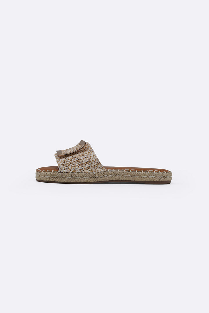 BEIGE ROMA BUCKLE SLIDES