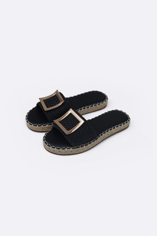 BLACK ROMA BUCKLE SLIDES