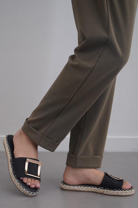 BLACK ROMA BUCKLE SLIDES
