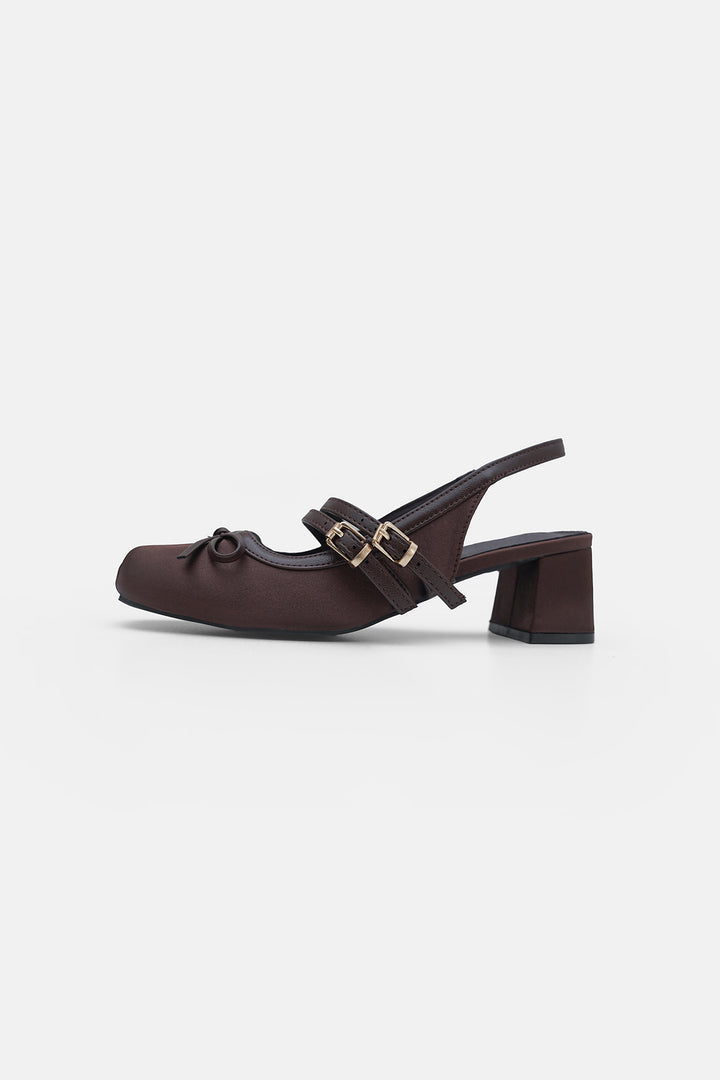 COFFEE SATIN BALLERINA HEELS