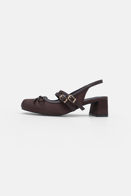 COFFEE SATIN BALLERINA HEELS