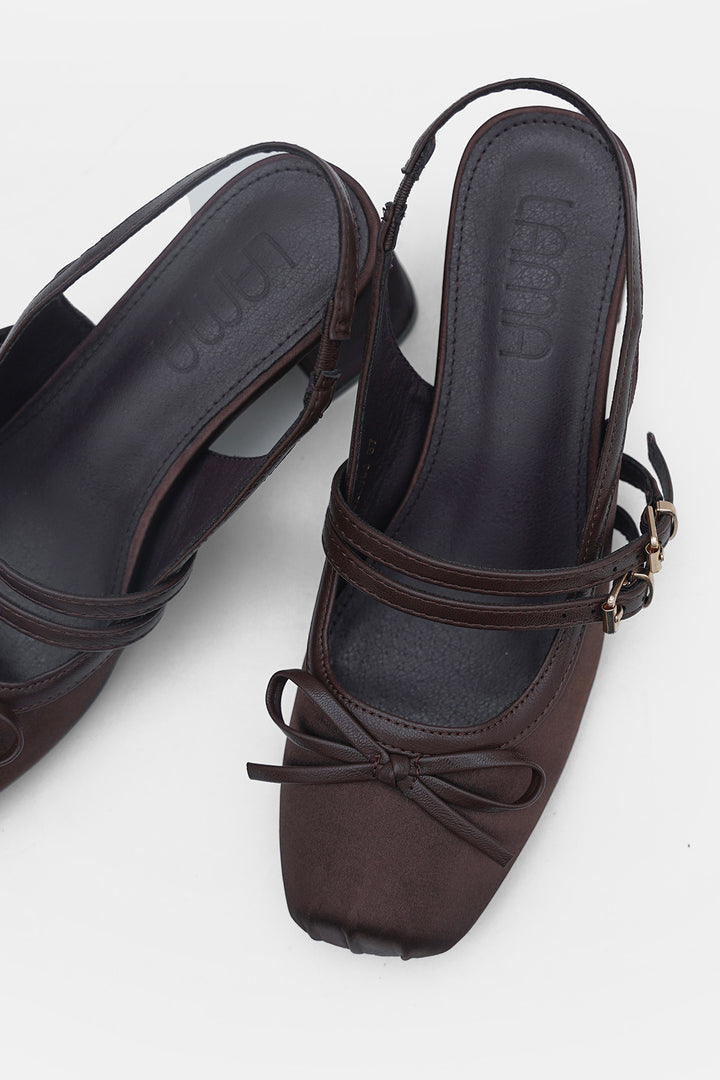 COFFEE SATIN BALLERINA HEELS