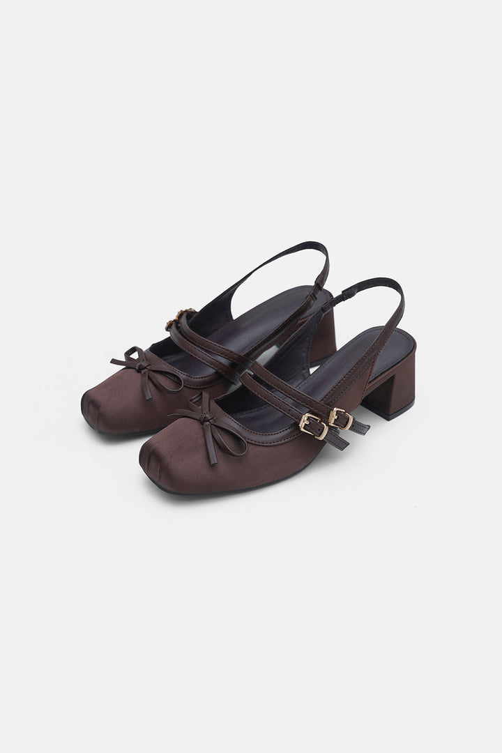 COFFEE SATIN BALLERINA HEELS