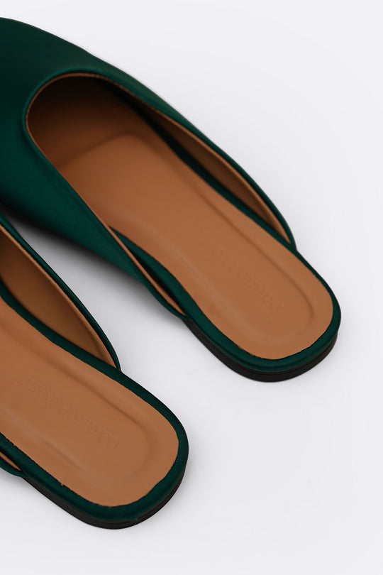 BOTTLE GREEN SATIN MULES