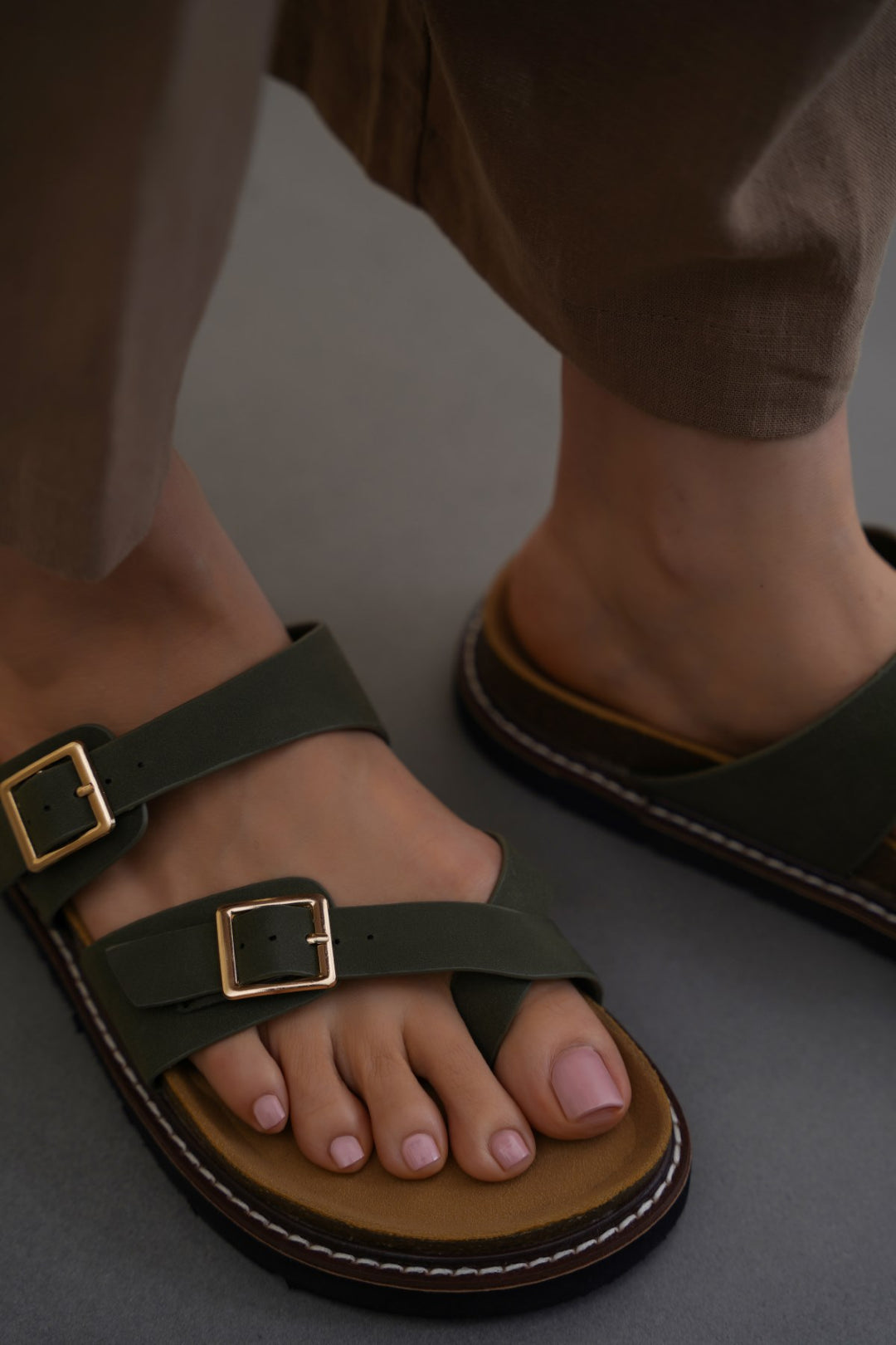 GREEN ATHENS BUCKLE SLIDES