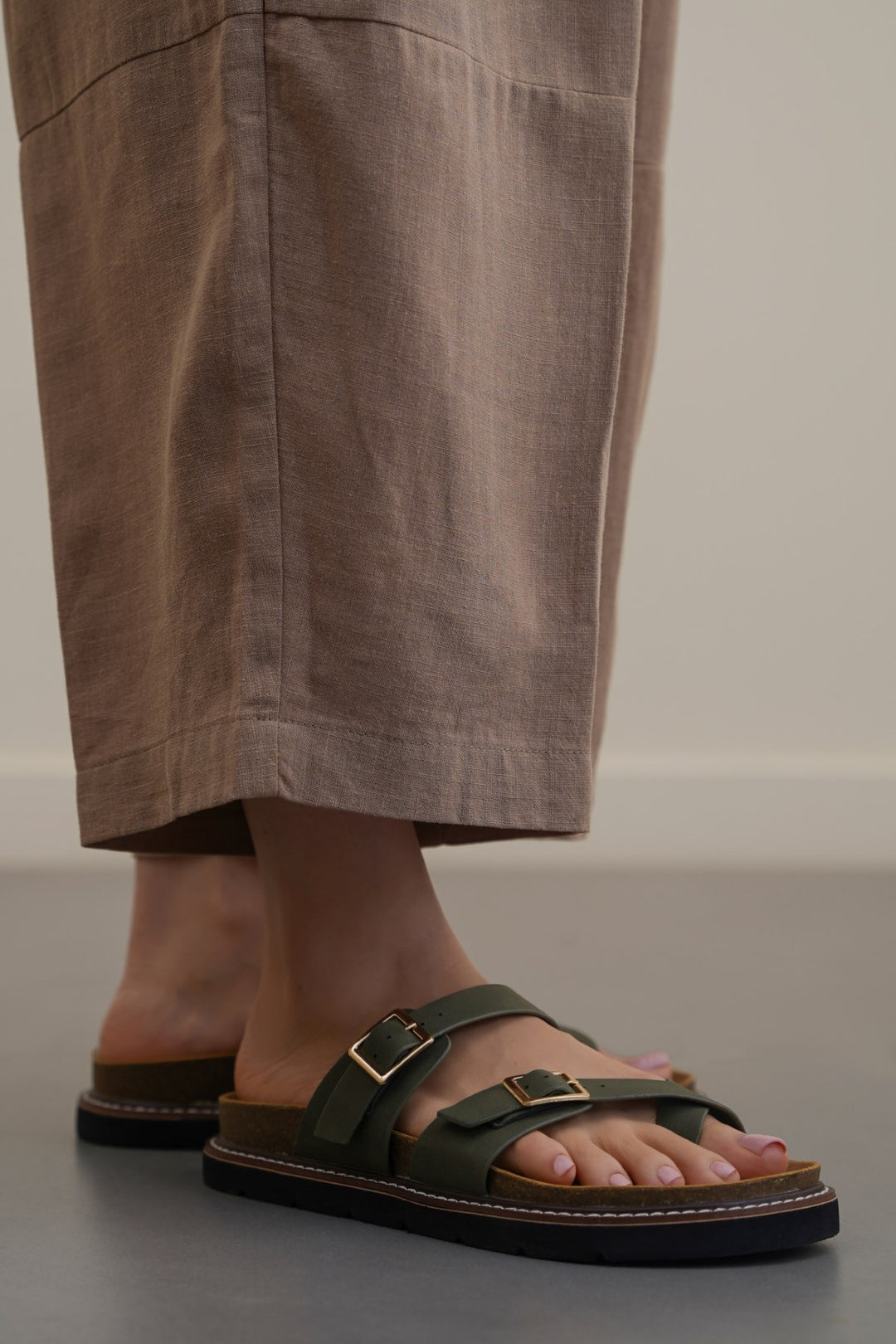 GREEN ATHENS BUCKLE SLIDES