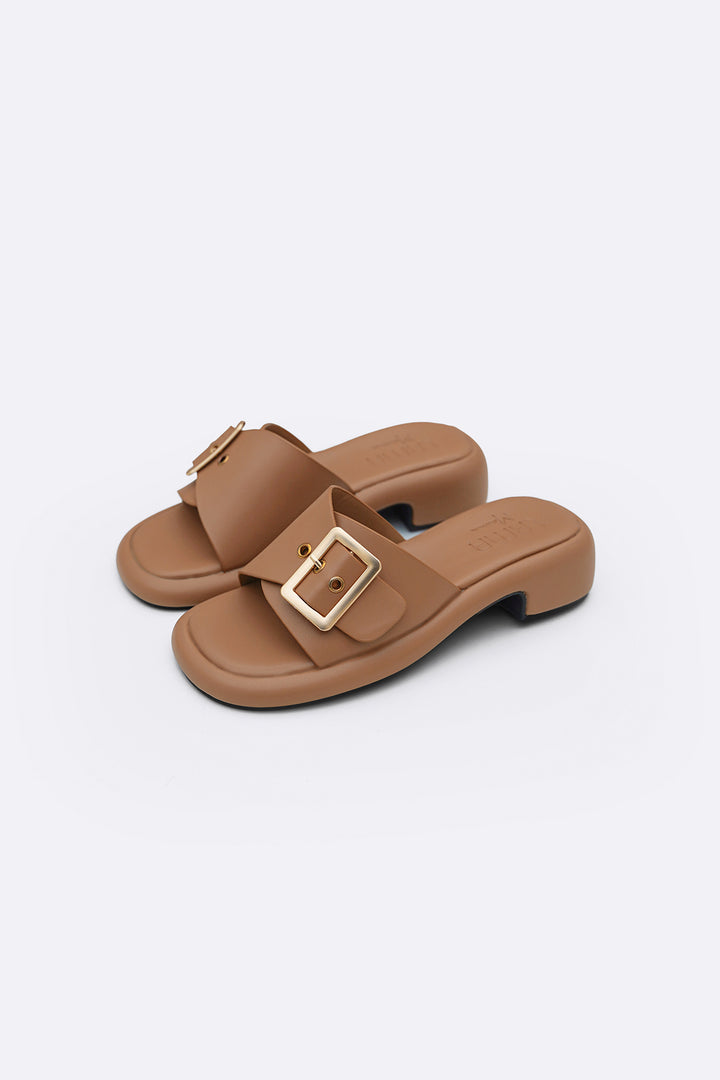 TAN BUCKLE MAMA SLIDES