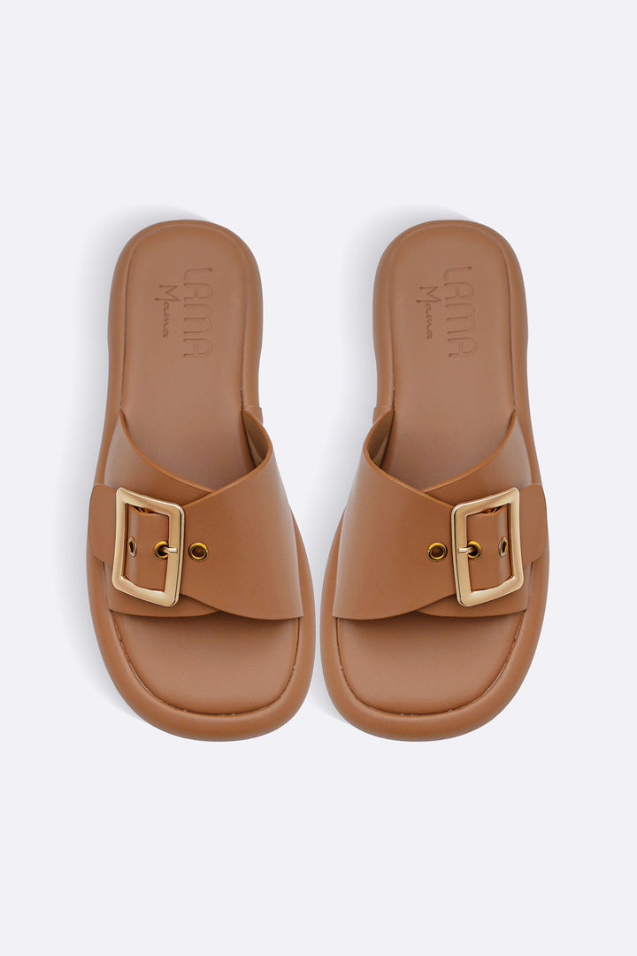 TAN BUCKLE MAMA SLIDES