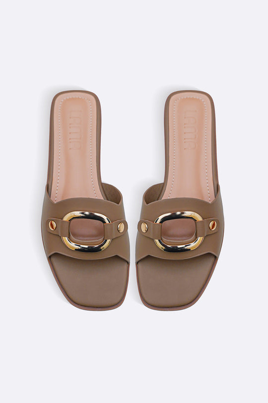 TAUPE EASY BUCKLE SLIDES