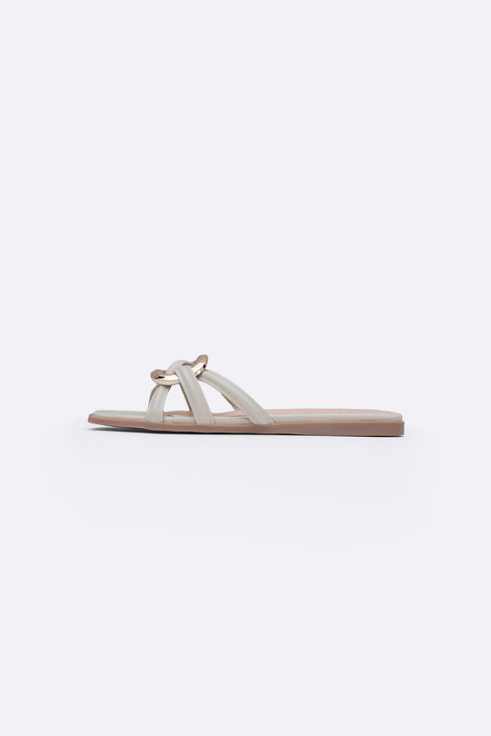 BEIGE DREW BUCKLE SLIDES
