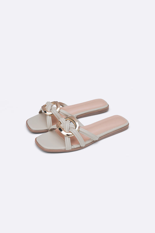 BEIGE DREW BUCKLE SLIDES