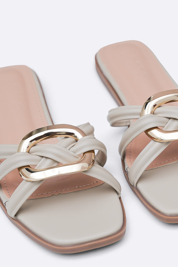 BEIGE DREW BUCKLE SLIDES