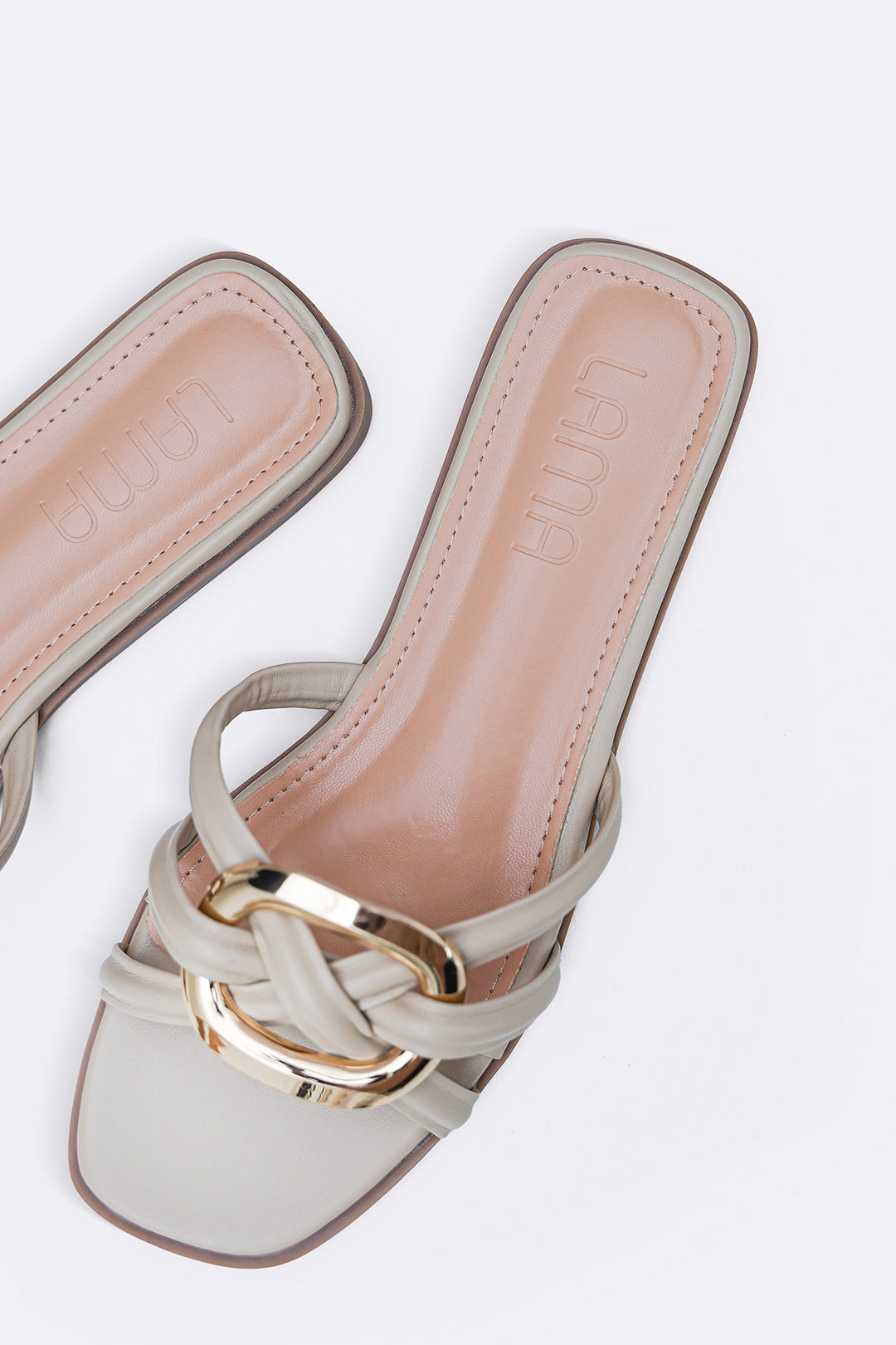 BEIGE DREW BUCKLE SLIDES