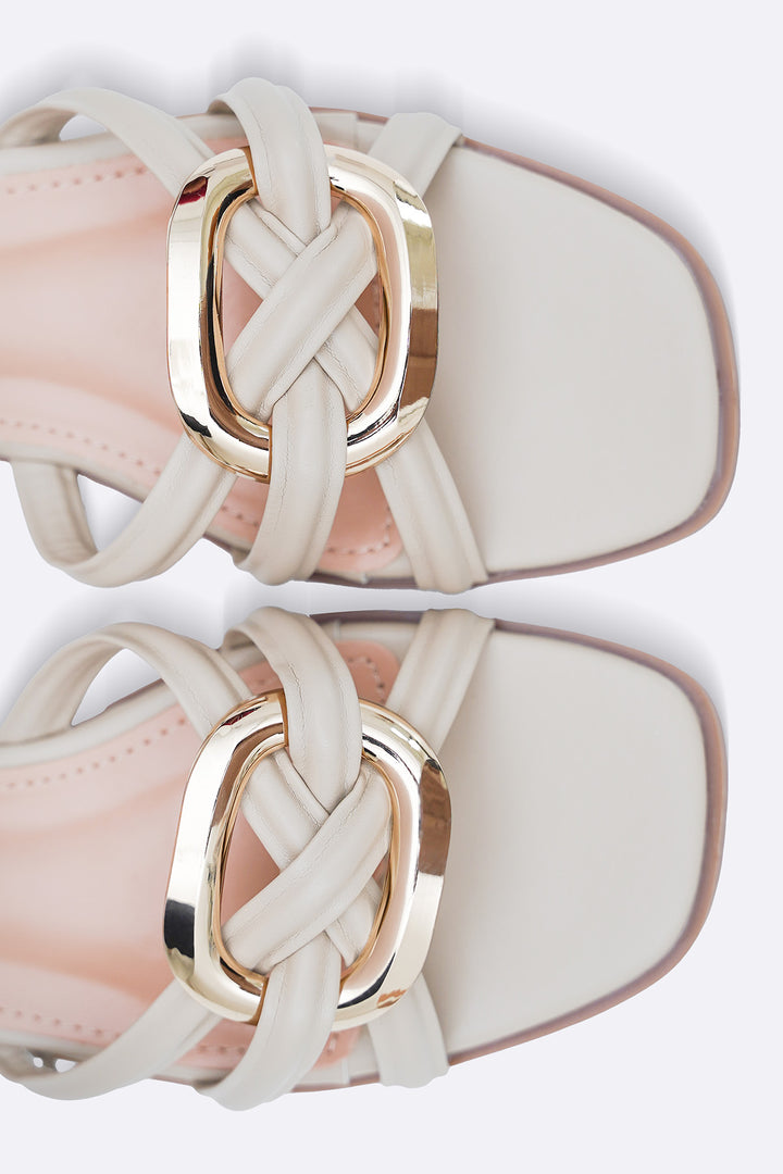 BEIGE DREW BUCKLE SLIDES