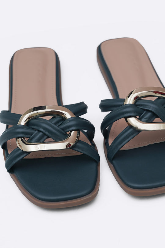 TEAL DREW BUCKLE SLIDES