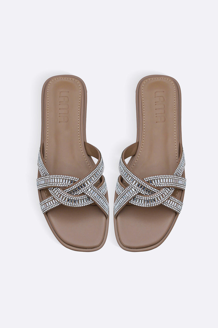 TAUPE MERINO STUDDED SLIDES