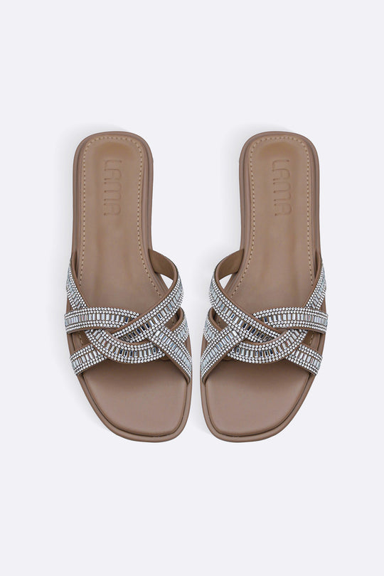 TAUPE MERINO STUDDED SLIDES