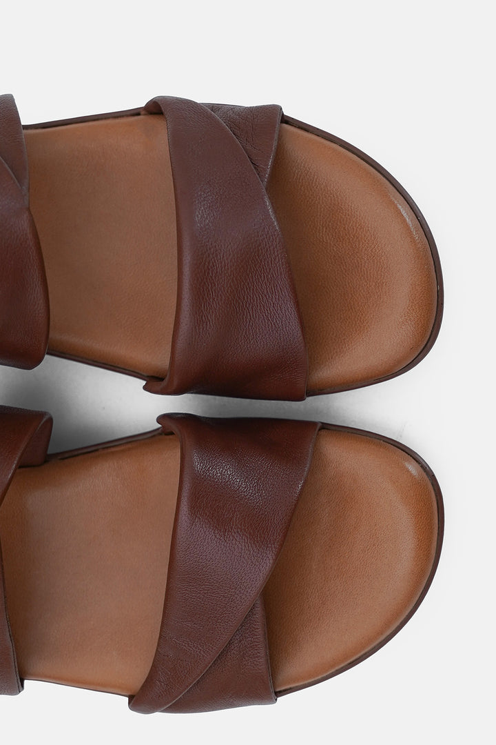 BROWN MOUSSE MAMA LEATHER SLIDES