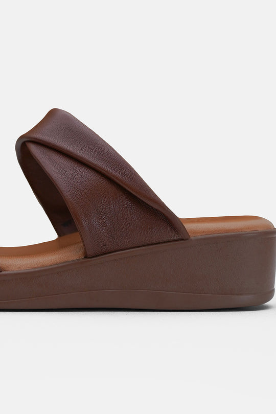 BROWN MOUSSE MAMA LEATHER SLIDES