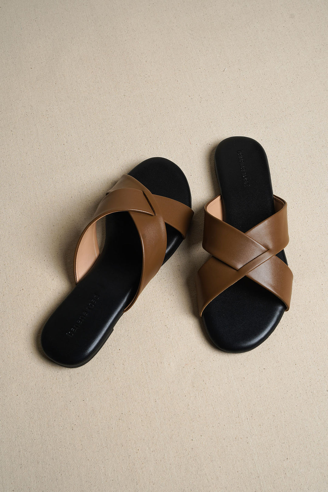 TAN CROSS STRAP SLIDES