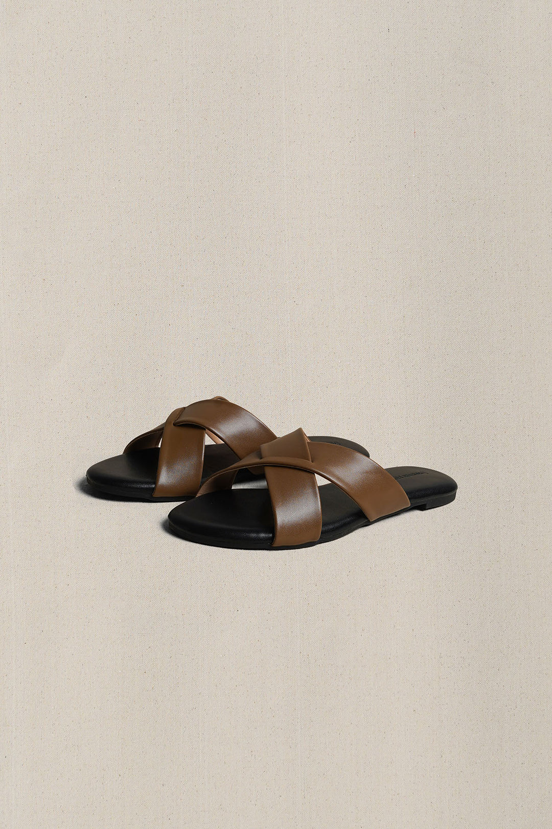 TAN CROSS STRAP SLIDES
