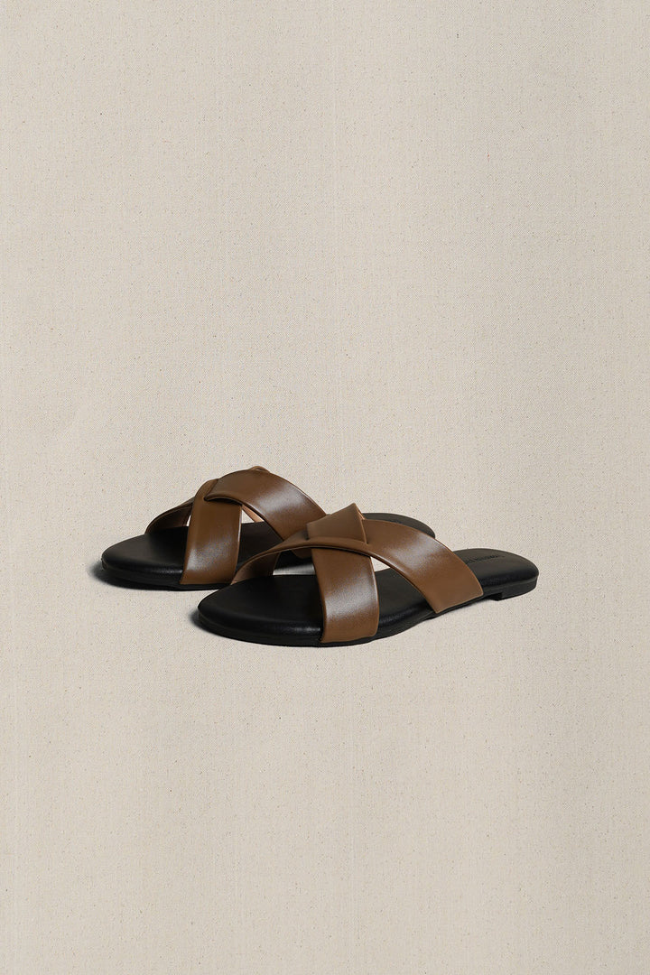 TAN CROSS STRAP SLIDES