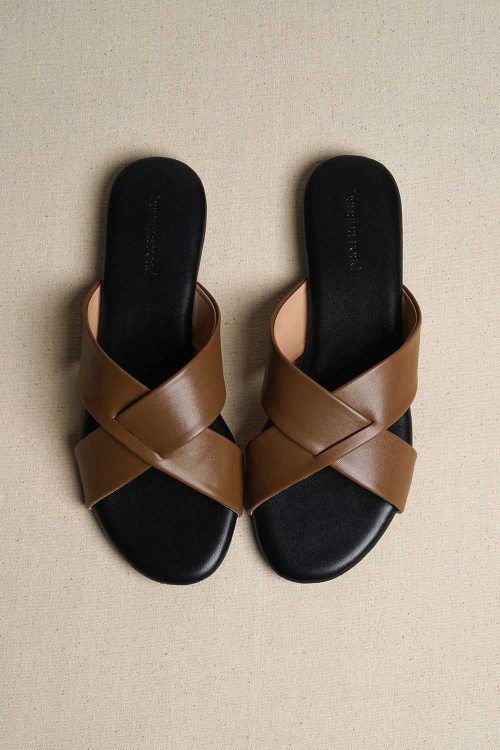 TAN CROSS STRAP SLIDES