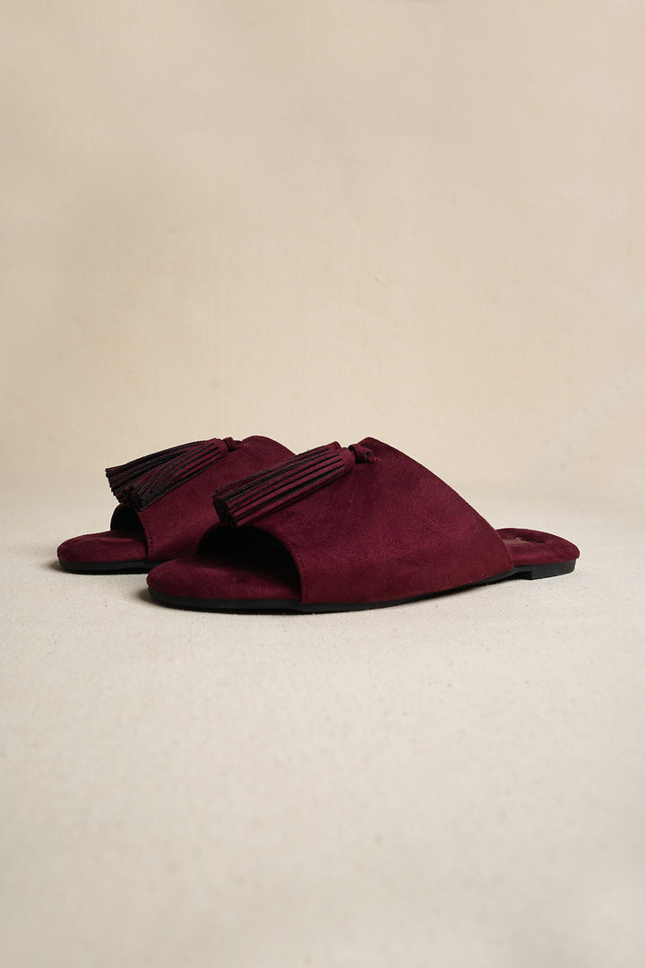 PLUM TROPIC TASSEL SLIDES